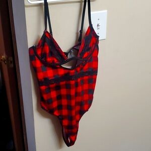 Red and black plaid body suit